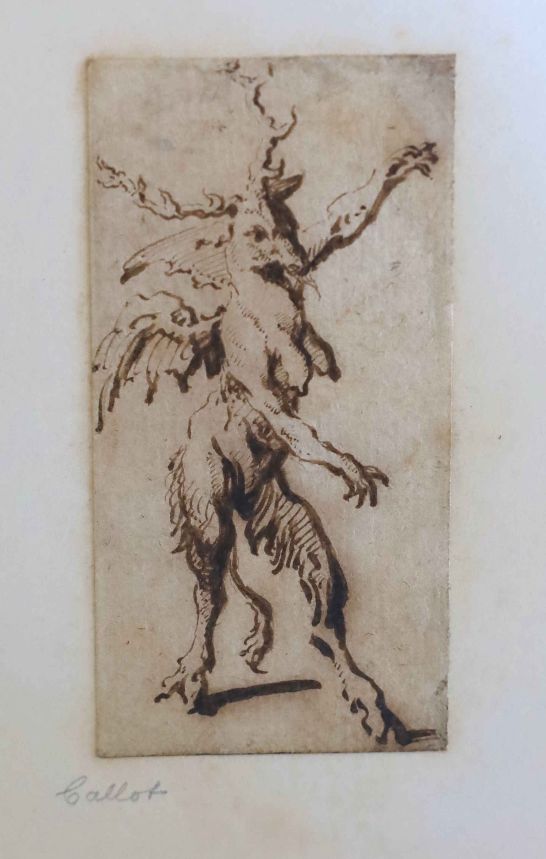 Attributed to Jacques Callot (1592-1635), A zoomorphic figure, pen and ink, 8.5 x 4cm.